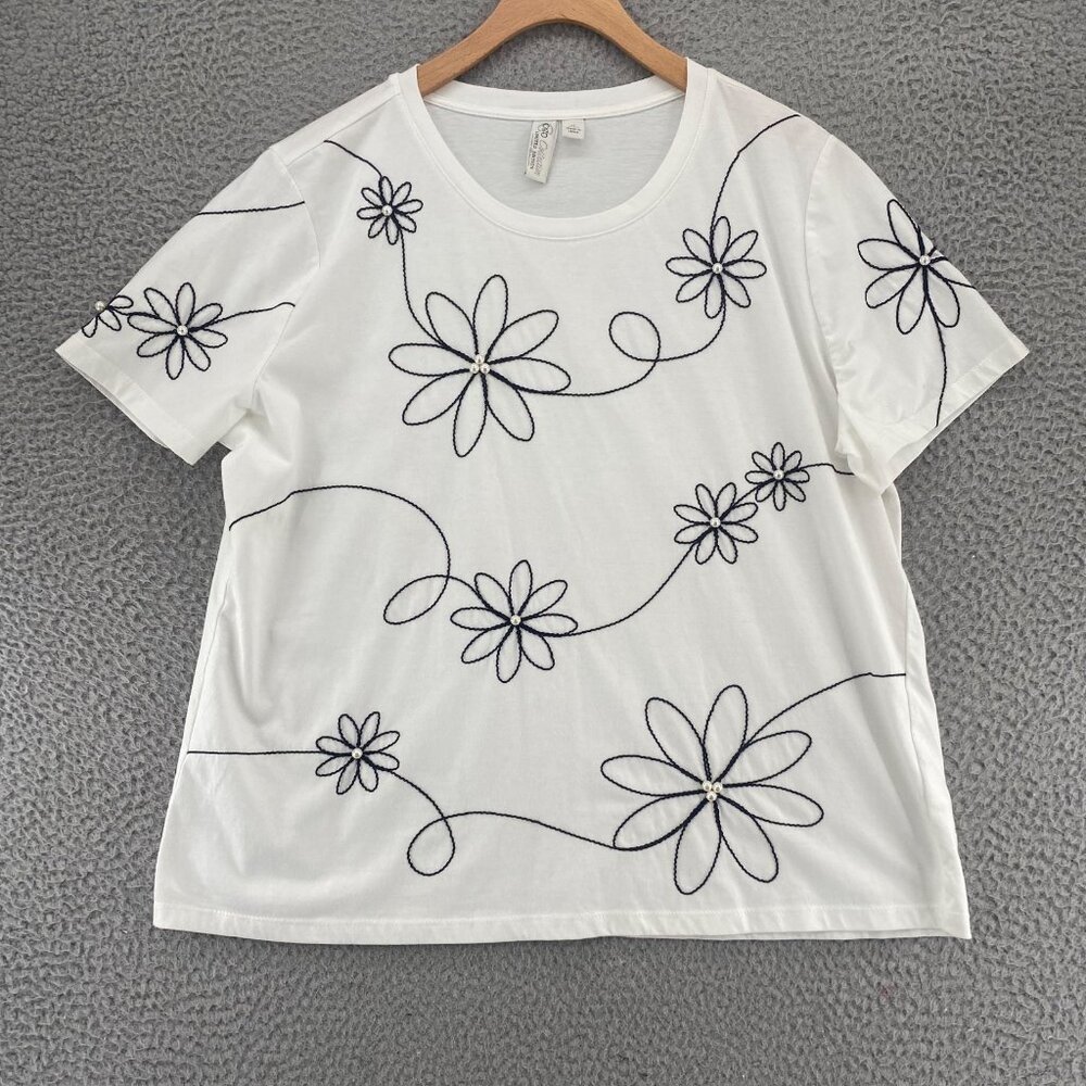 Cato Top Womens Extra Large White Embroidered Floral Pearl Beads Short Sleeves